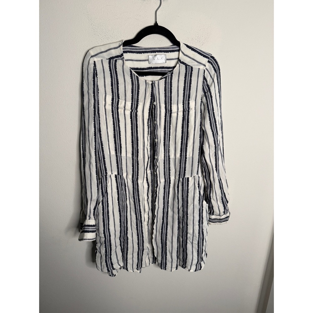 A.L.C Silk Striped Tunic Navy White Long Sleeve Button Front Size Large